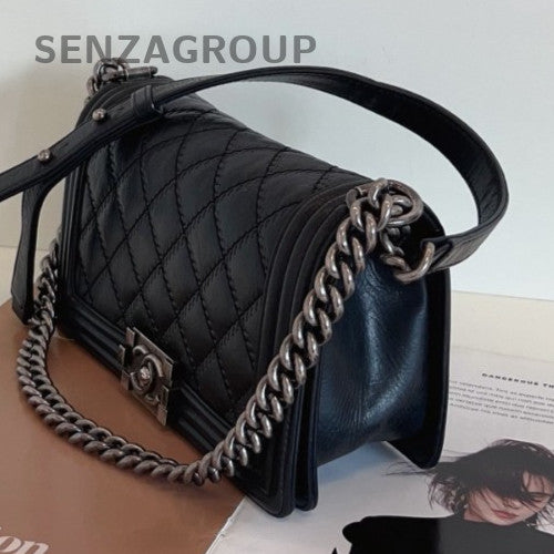 Chanel Leboy MM Calfskin Chain Shoulder Bag Black Silver Women Classic Fashion