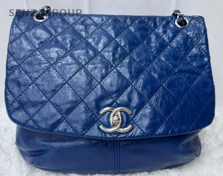 Chanel Diamond Chain Shoulder Bag Blue Silver Used Women Classic Designer