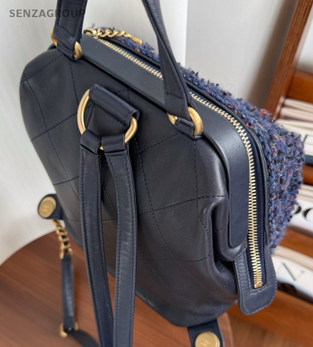 Chanel Calfskin Backpack Blue Gold Used Women Classic Fashion