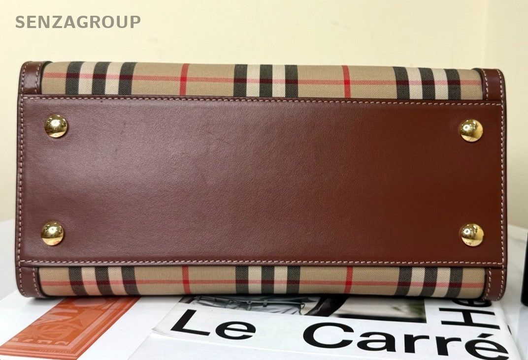 Burberry Title 2Way Tope Handle Bag Crossbody Red Beige Gold Women Classic