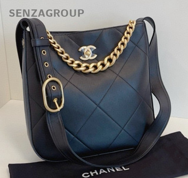 Chanel 21K PM Hobo Chain Shoulder Bag Crossbody Black Gold Women Classic Fashion