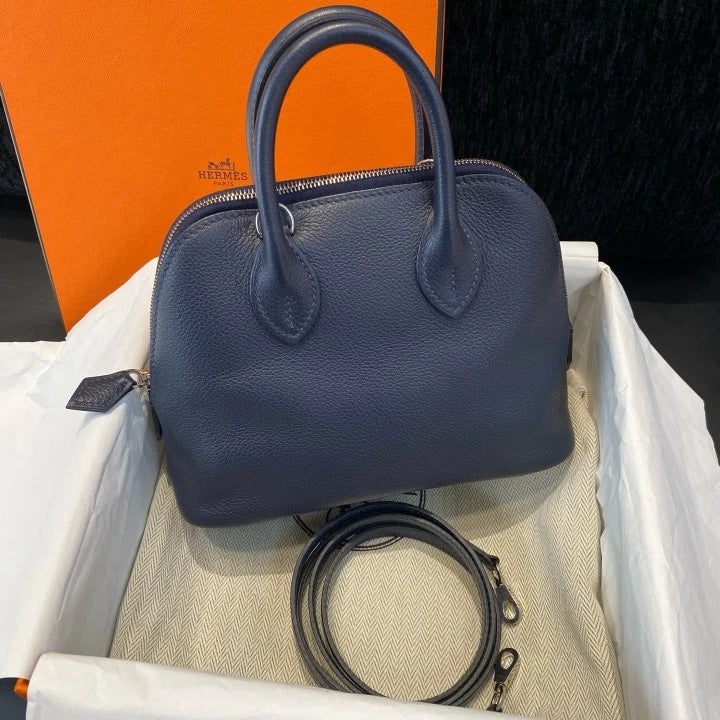Hermes Bolide Mini Top Handle Bag Crossbody Navy Silver Women Classic D