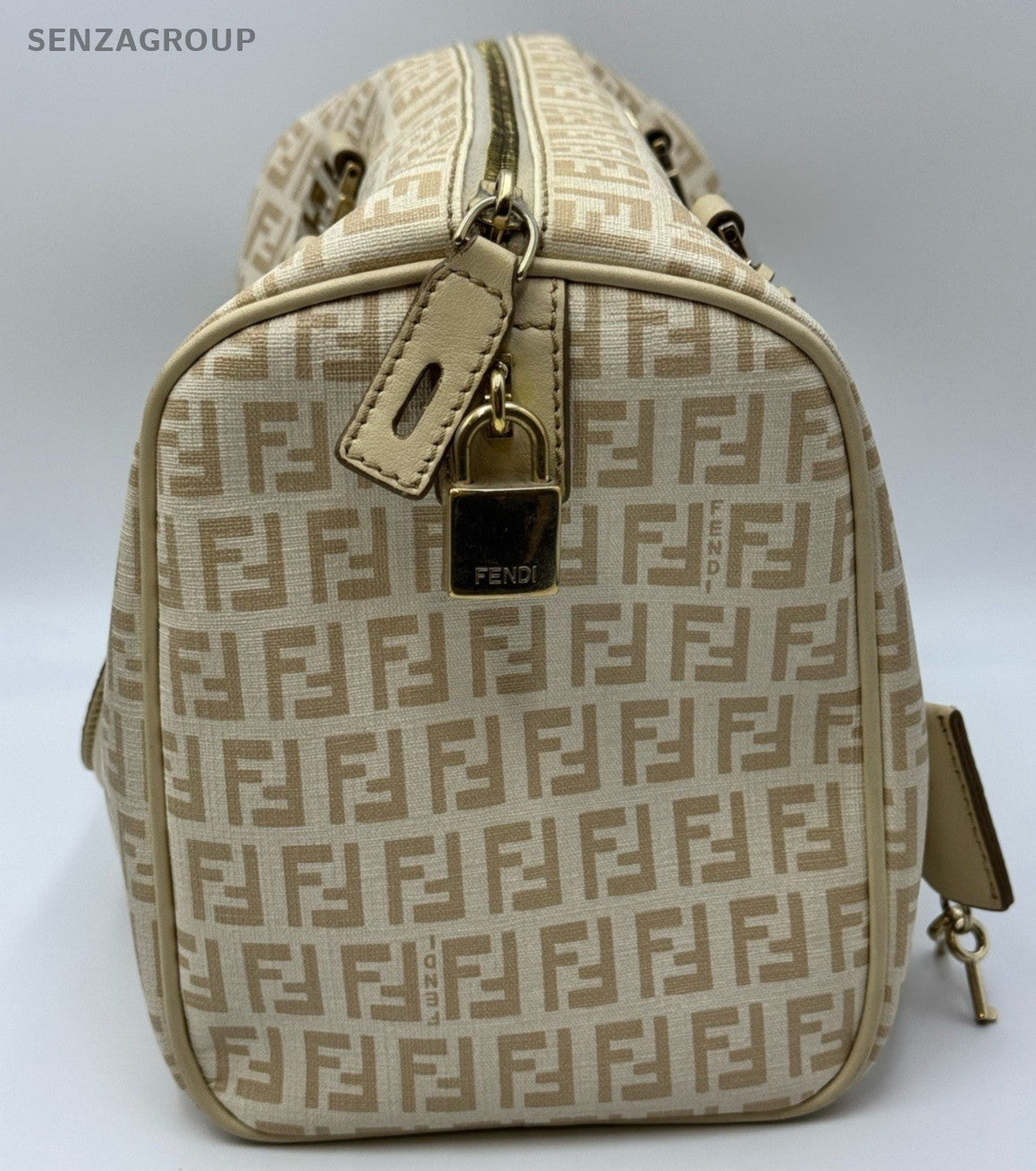 Fendi FF Boston Top Handle Bag Beige Gold Used Women Classic Fashion