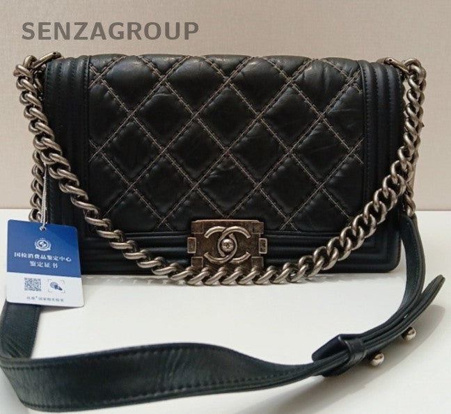 Chanel Leboy Chain Shoulder Bag Crossbody Black Silver Diamond Women Classic