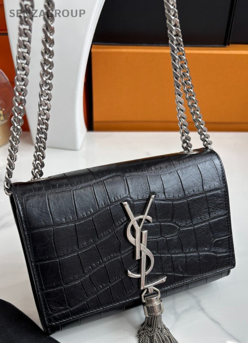 YSL Saint Lauren Kate Chain Shoulder Crossbody Bag Black Silver Classic