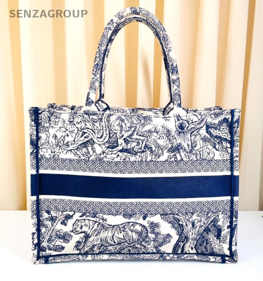 Christian Dior Book Tote Blue Zoo Tote Top Handle Shoulder Bag Women Blue