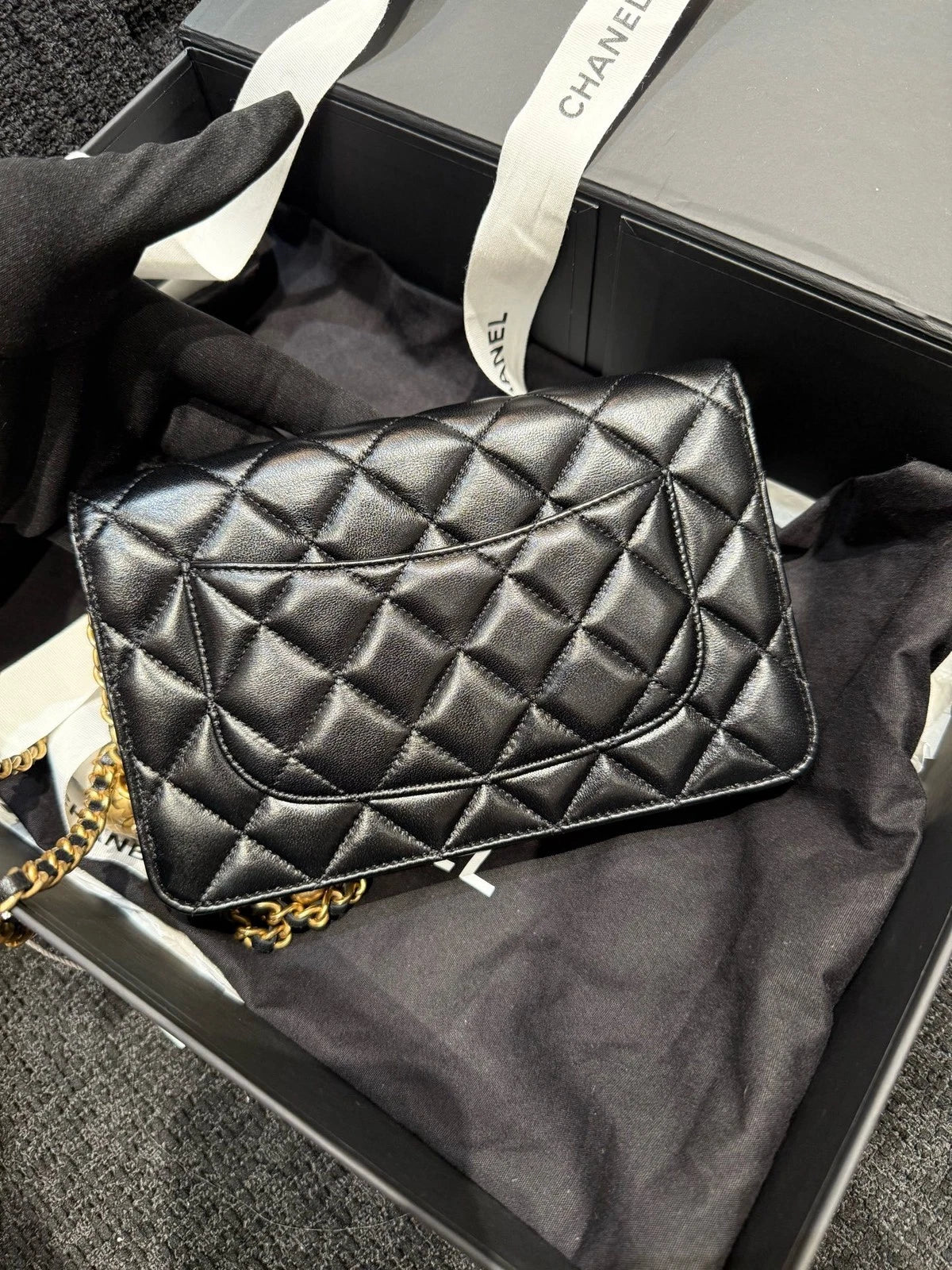 CHANEL Black Gold Ball Lambskin WOC Crossbody Bag For Women
