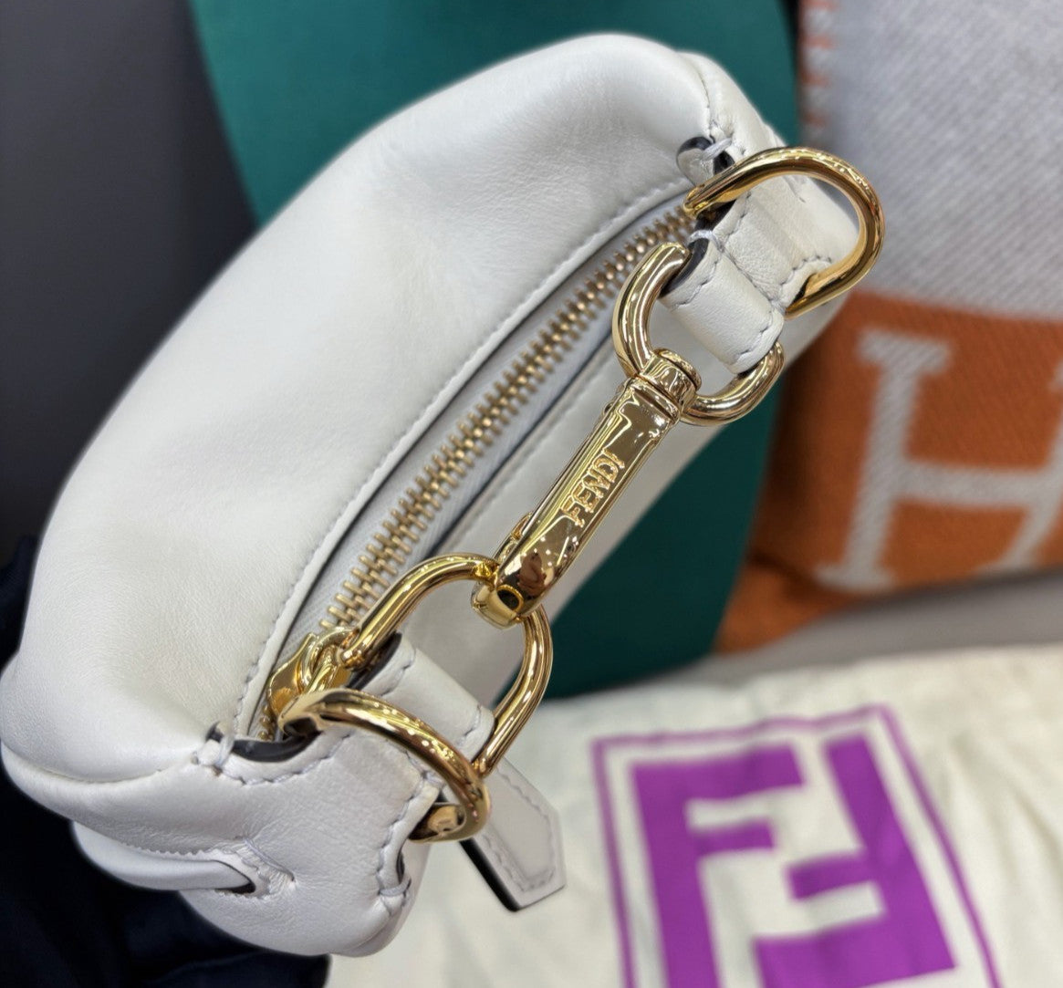 Fendi Graphy Nano Calfskin Wrist Bag White Gold Used Women Classic Fashion