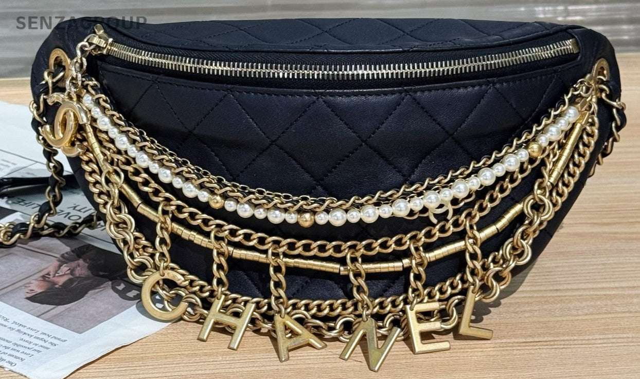 Chanel Egypt Pearl Waist Pouch Shoulder Bag Black Gold Used Women Classic
