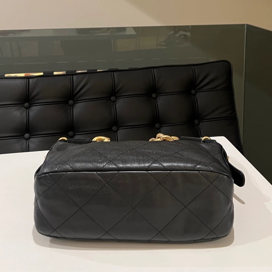 Chanel Black Gold Quilted Chain Hobo Shoulder Bag Classic Women