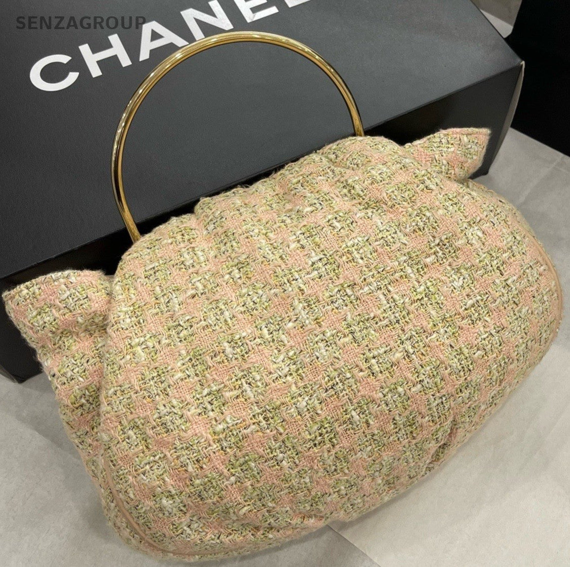 Chanel Tweed Vintage Top Handle Bag Pink Gold Used Women Classic Designer