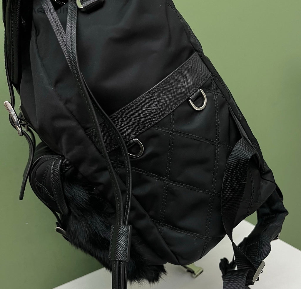 Prada Quilted Faux Fur Backpack Black Silver Unisex Adults Classic