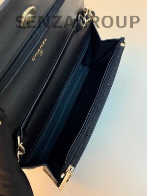 Chanel WOC Quilted Chain Shoulder Crossbody Bag Black Gold Classic Women