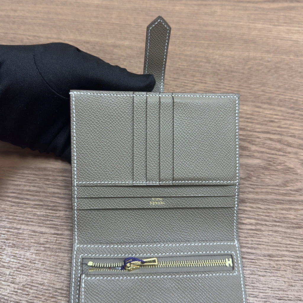Hermes Bearn Wallet Grey Gold Women Classic