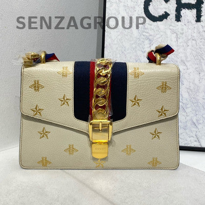Gucci Sylvie Medium Shoulder Bag Bee Star White Gold Classic Women's