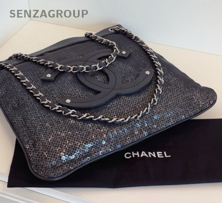 Chanel Calfskin Chain Tote Shoulder Bag Crossbody Black Silver Women Classic