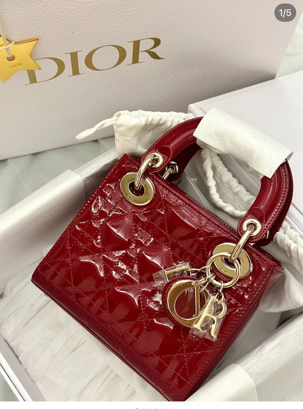 Christian Dior Lady Top Handle Chain Shoulder Handbag Red Gold Almost Brand NEW