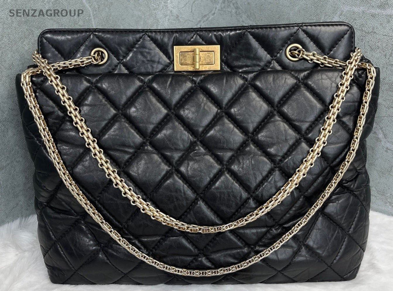 Chanel Tote Chain Shoulder Bag Gold Black Diamond Pattern Women Classic
