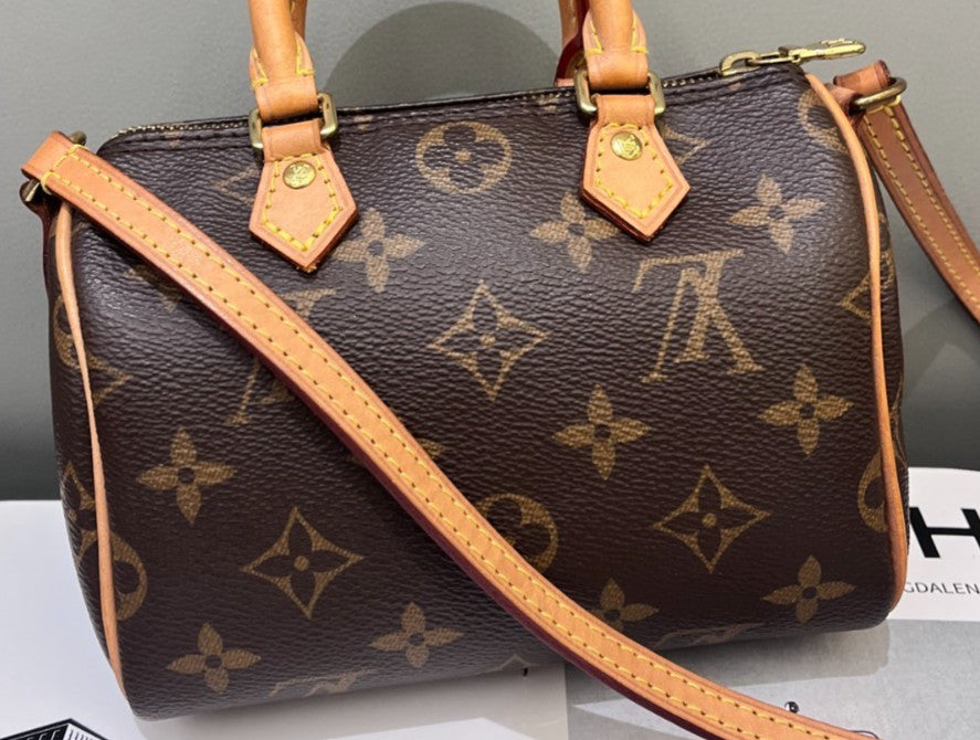 Louis Vuitton Speedy Nano Monogram Top Handle Bag Crossbody Brown Gold Women