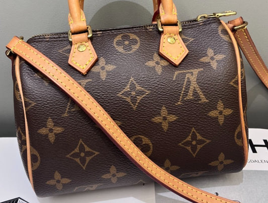 Louis Vuitton Speedy Nano Monogram Top Handle Bag Crossbody Brown Gold Women