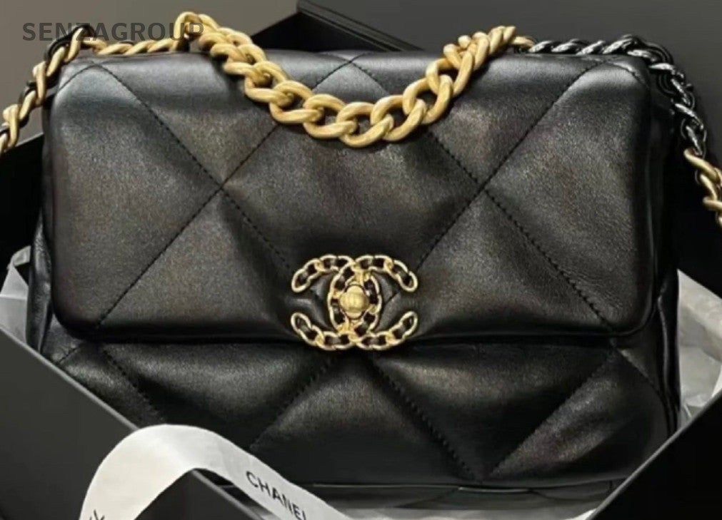 Chanel 19Bag Chain Top Handle Shoulder Bag Crossbody Black Gold Women Classic