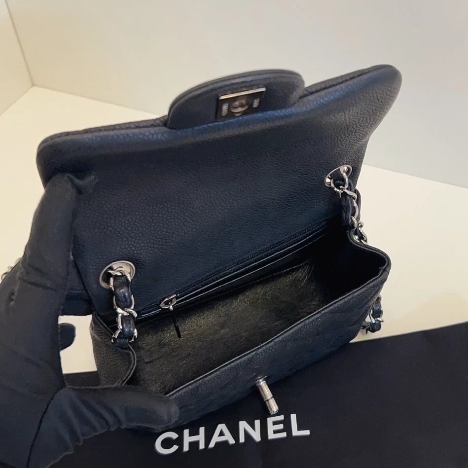 Chanel Classic Flap Chain Shoulder Crossbody Black Silver Women Diamond