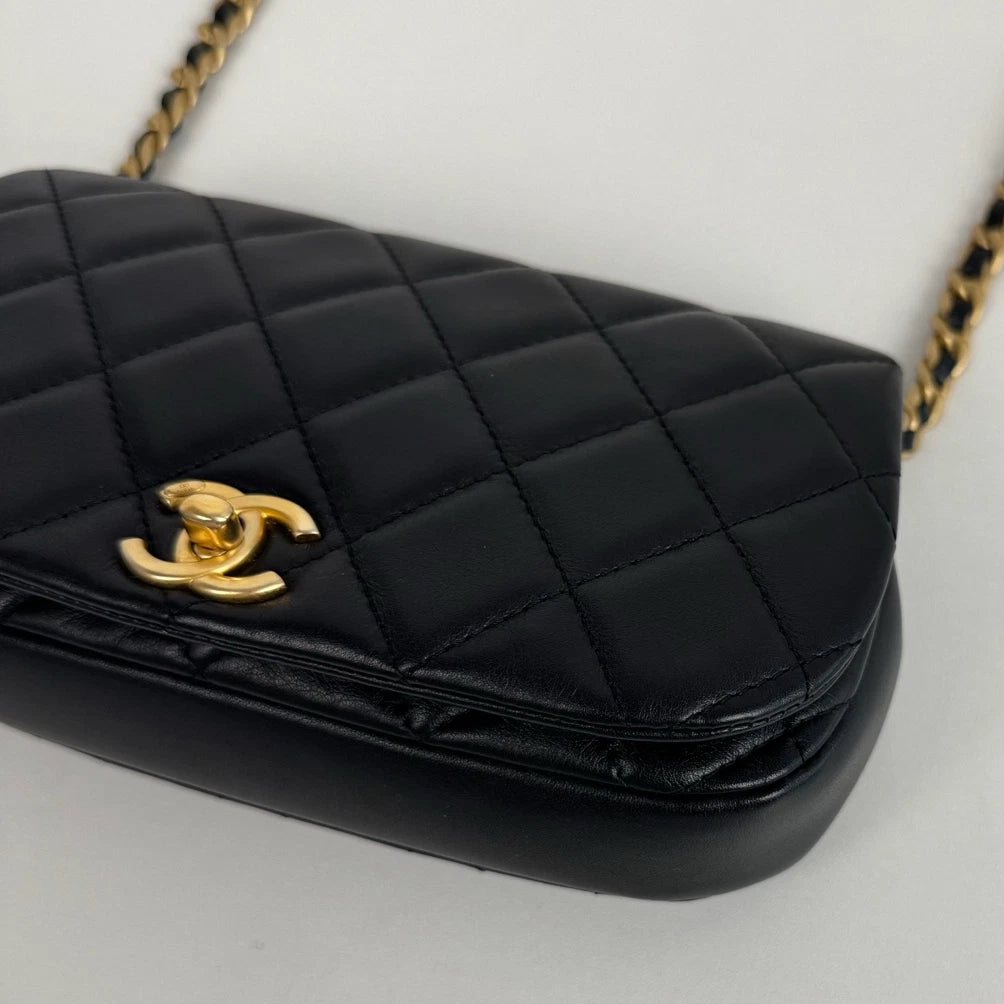 Chanel Diamond Chain Mini Shoulder Bag Black Gold Used Women Classic