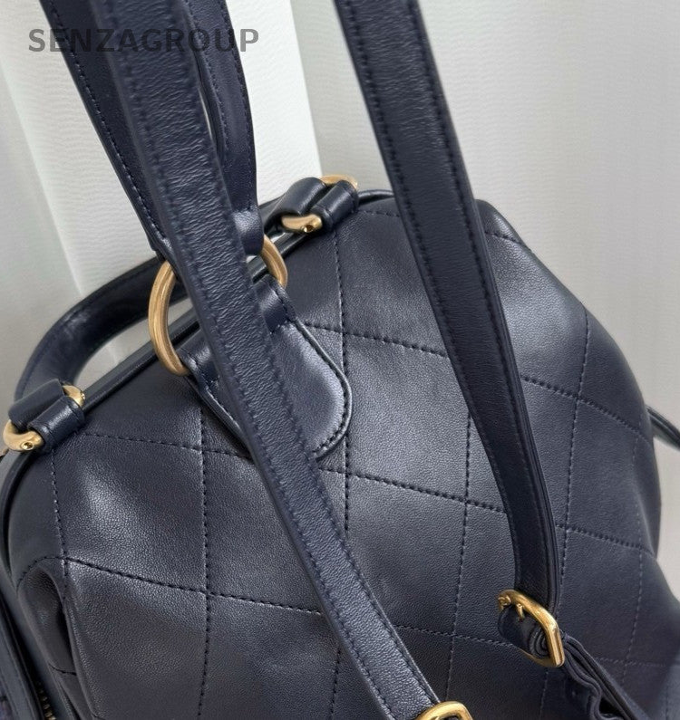 Chanel Calfskin Backpack Blue Gold Used Women Classic Fashion