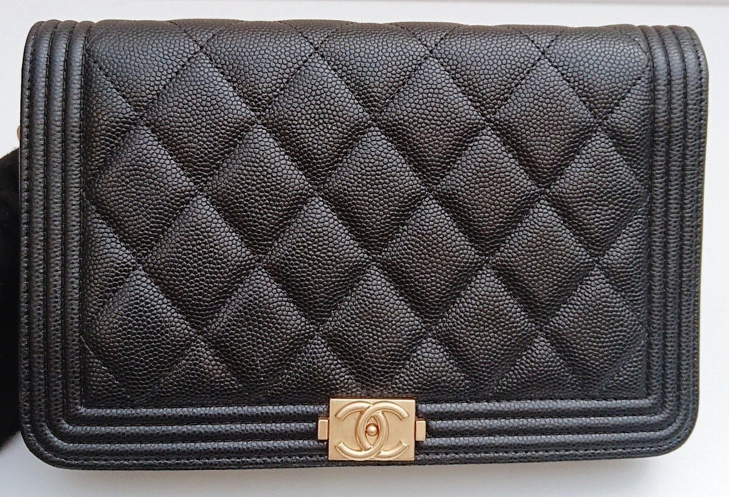 Chanel Leboy WOC Chain Shoulder Bag Crossbody Black Gold Diamond Women Classic