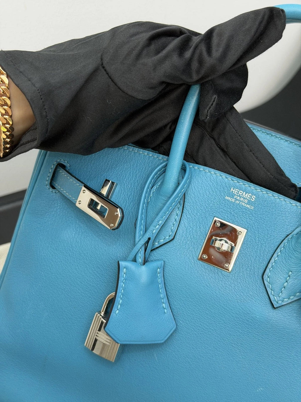 Hermes Birkin25 Evercolor Leather Top Handle Bag Blue Silver Used Women Classic