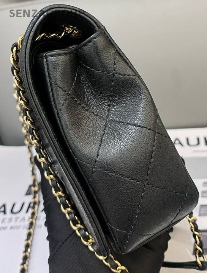 Chanel Classic Flap Calfskin Chain Shoulder Black Gold Diamond Women Designer