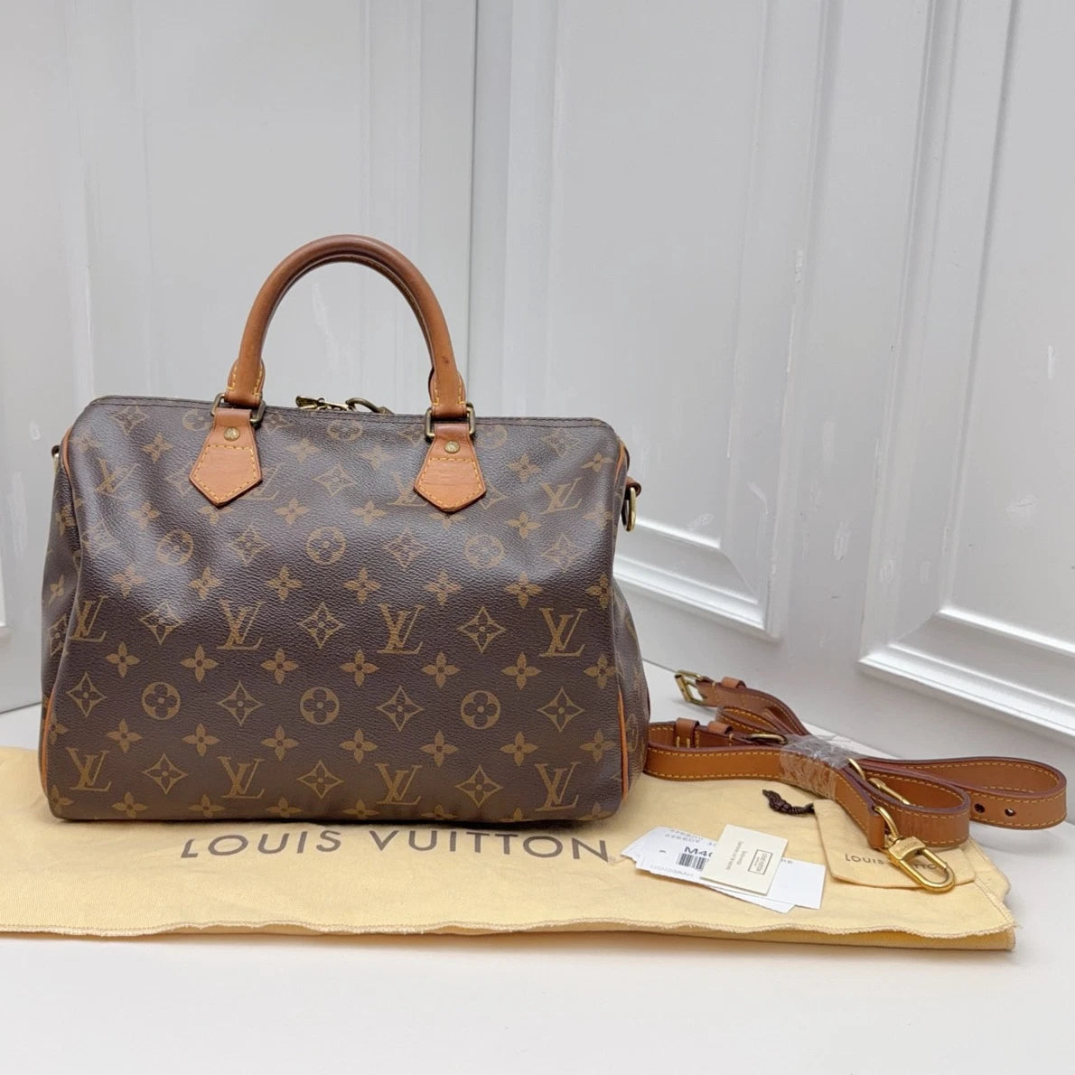 Louis Vuitton Speedy 30 Tote Top Handle Crossbody Bag Brown Gold Women Fashion