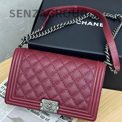 Chanel Red Silver Hardware Large Classic Flap Boy Bag Chain Shoulder Bag