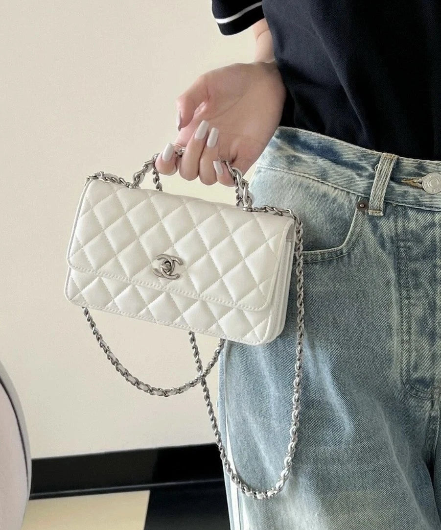 Chanel White Wrinkle Leather WOC Accordion Top Handle Bag For Women