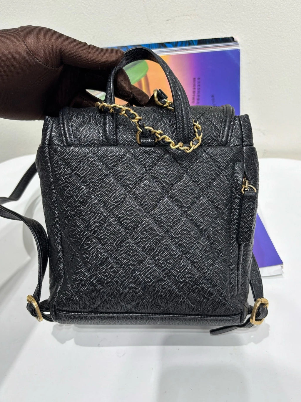 CHANEL Black Gold Calfskin Vanity Case Backpack For Women