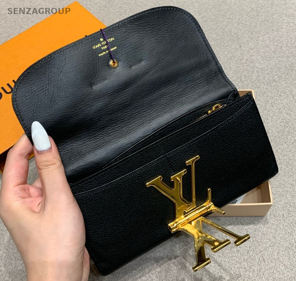 Louis Vuitton Long Wallet All Leather Logo Black Gold