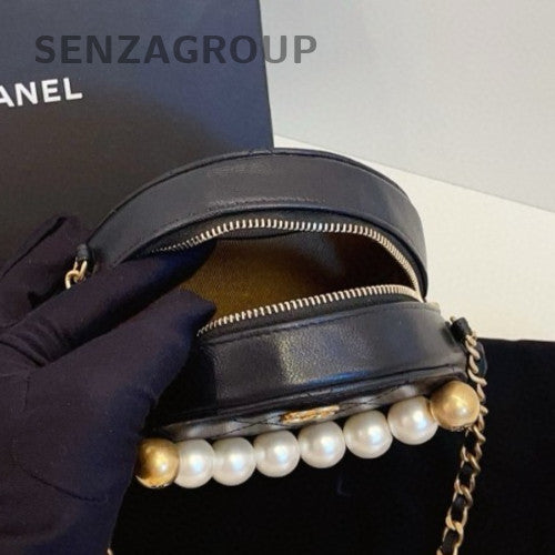 Chanel Pearl Round Bag Chain 2Way Shoulder Bag Black Gold Used Women Designer