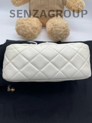 Chanel Classic Flap Gold Ball Chain Shoulder Bag White Diamond Quilted