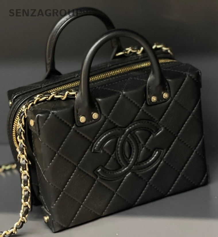 Chanel Calfskin Chain Shoulder Bag Crossbody Black Gold Women Classic