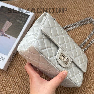 Chanel 2.55 Mini Lambskin Silver Quilted Chain Crossbody Bag