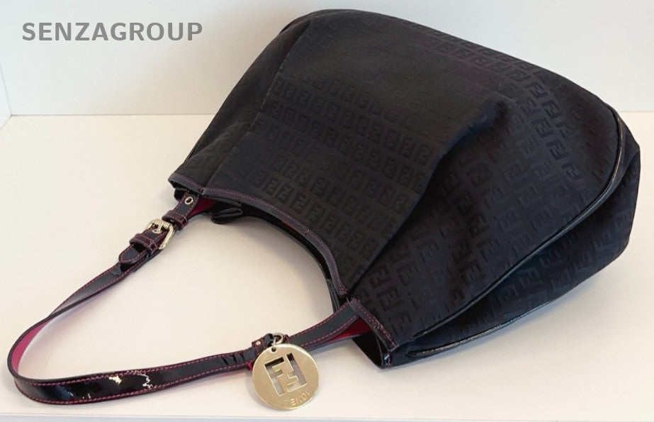 Fendi Classic Monogram Logo Shoulder Handbag Black Canvas