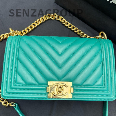 Chanel Le Boy Medium V-Stitch Chain Shoulder Bag Green Gold Clasp