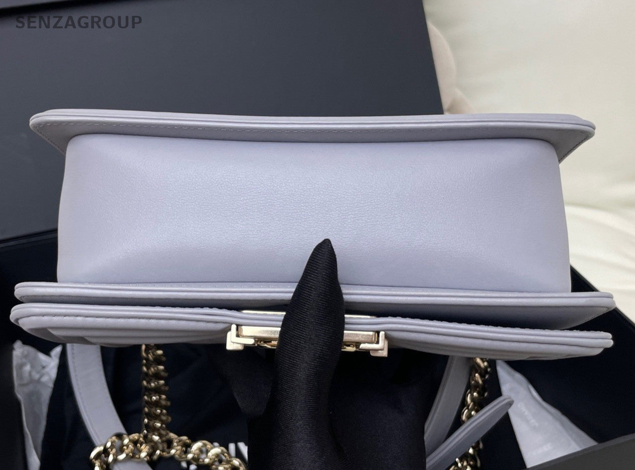 Chanel Leboy PM Chain Calfskin Shoulder Bag Crossbody Gray Gold Women Classic