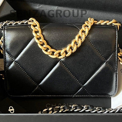 Chanel Black Gold 19 Bag WOC Chain Shoulder Crossbody Bag Quilted