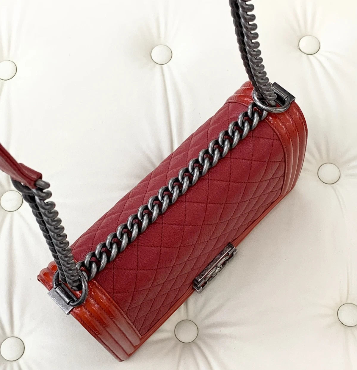 Chanel Leboy MM Calfskin Patent Chain Shoulder Bag Crossbody Red Women S