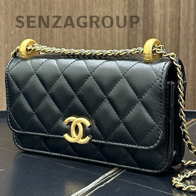 Chanel WOC Chain Shoulder Crossbody Bag Black Gold Quilted Classic