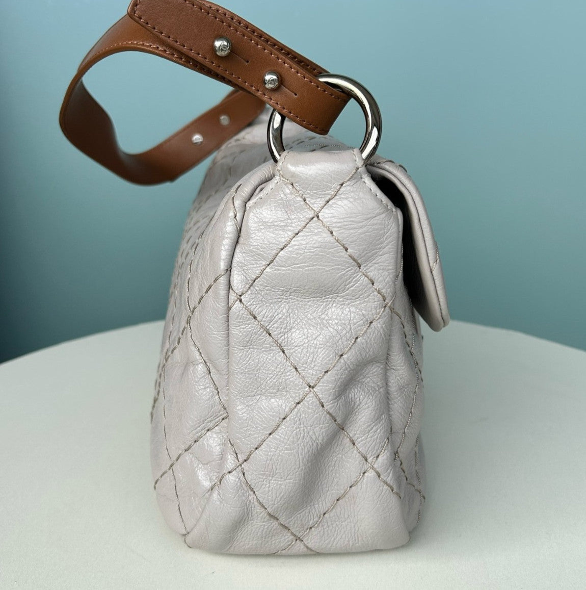 Chanel Diamond Calfskin Top Handle Shoulder Bag White Silver Women Classic