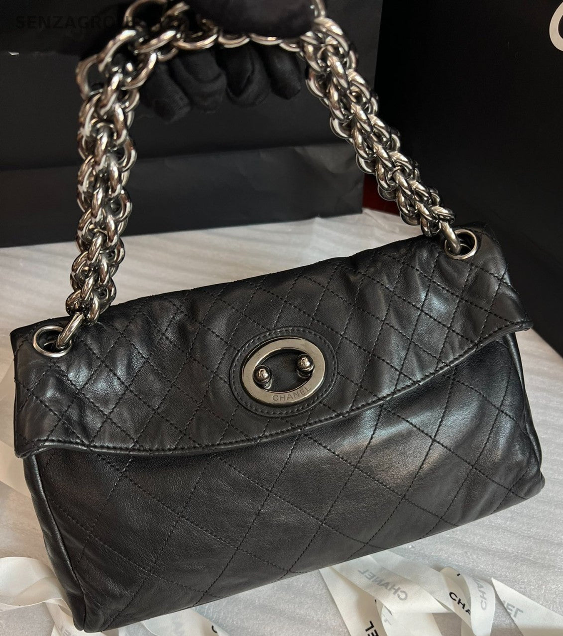 CHANEL Classic Pig nose Herringbone chain Shoulder bag Black Silver