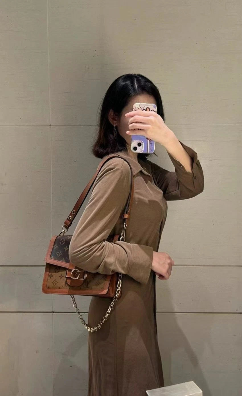 Louis Vuitton Dauphine MM Chain Shoulder Crossbody Brown Gold Women Classic