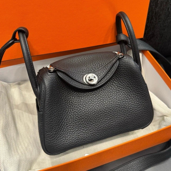 Hermes Lindy Mini Top Handle Shoulder Bag Black Silver Hardware Women D